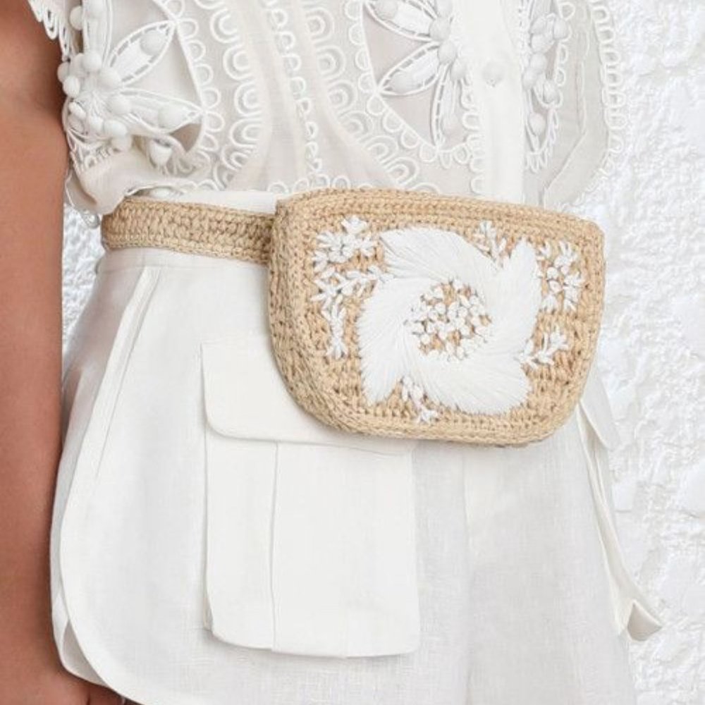 Zimmermann Whitewave Honeymoon Embroidered Raffia Belt Bag
